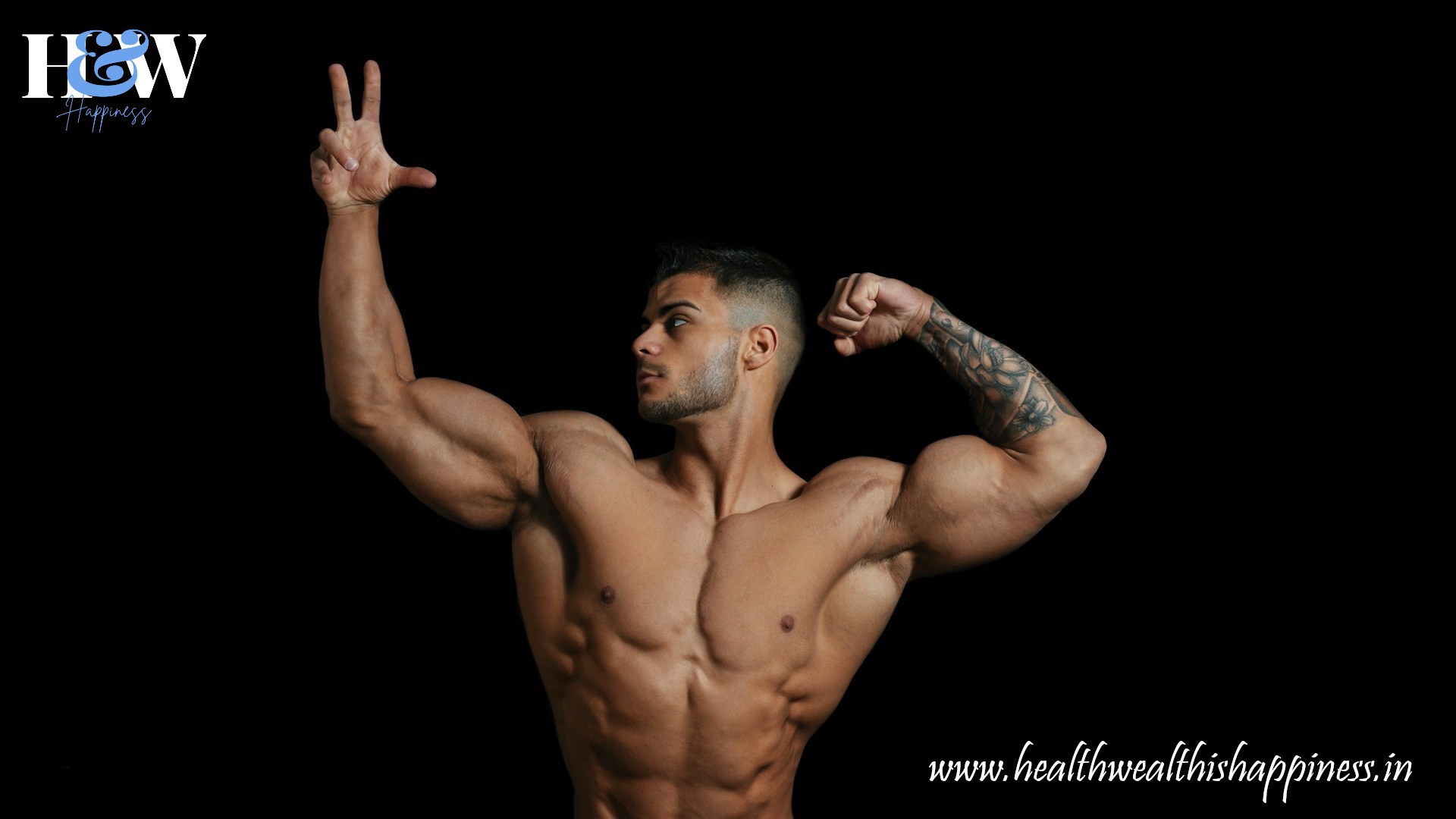 Individual showcasing a strong biceps pose, muscles flexed and defined. Demonstrating power and fitness through a confident arm